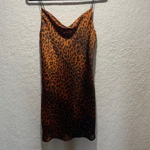 Mini satin slip dress. Dark leopard print